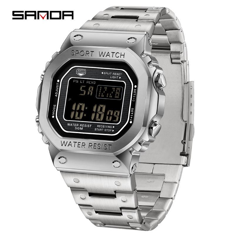 Sanda Men's Square Waterproof Electronic Watch with Fashionable Light and Alarm Clock.
