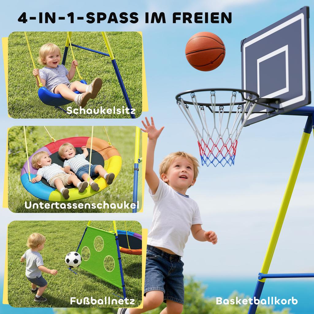 4-in-1 Kids Swing Set with Saucer Swing, Basketball Hoop and Football Goal, Outdoor Playground Playset for Garden
