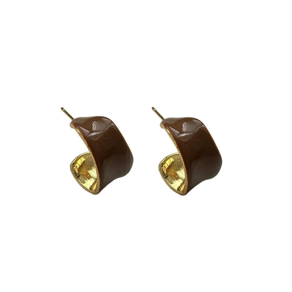Semi-Round Drop Glaze Wide-Sided Metal Stud Earrings, Simple And Versatile Light Luxury, Unique Retro Maillard Temperament Earrings