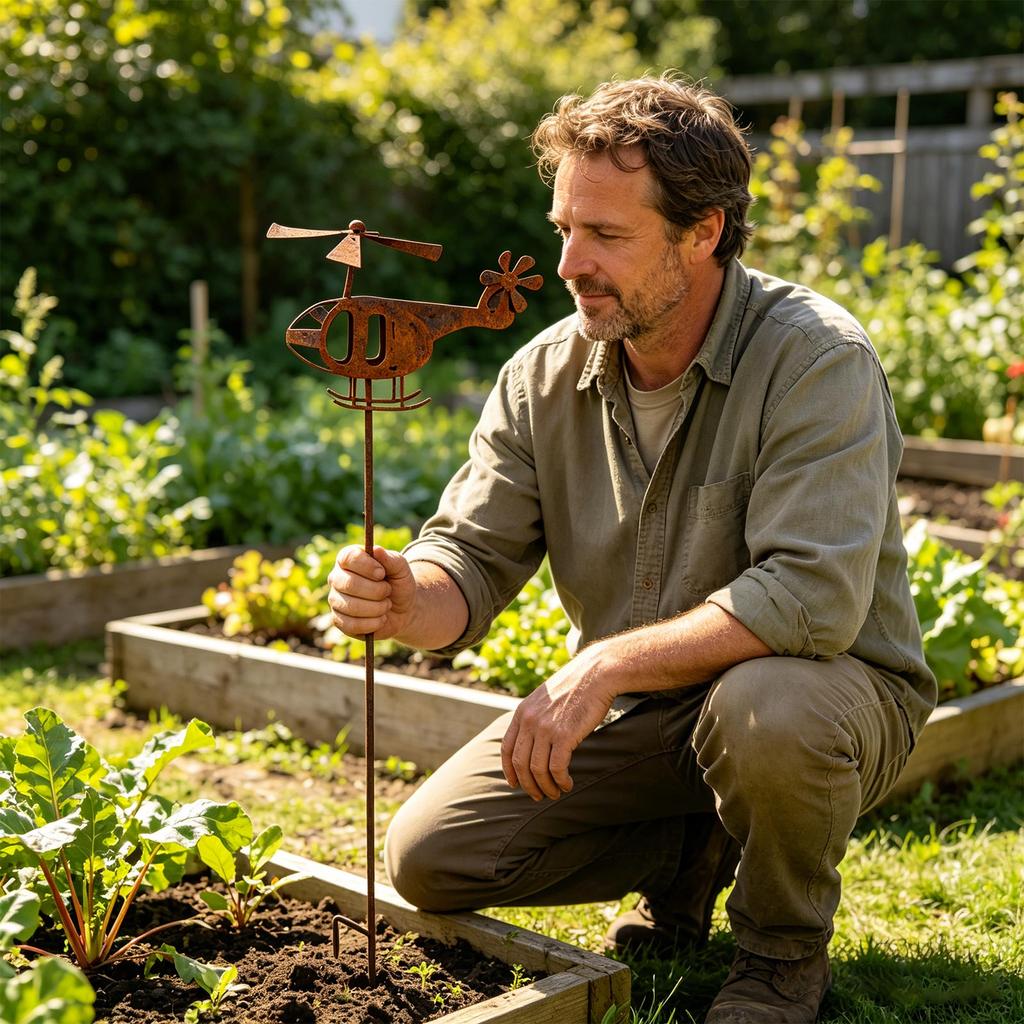 Metall-Hubschrauber Gartenstecker für den Außenbereich Rost-Finish Dekoratives Hofornament mit drehenden Rotorblättern und Erdspieß für Rasen und Terrasse