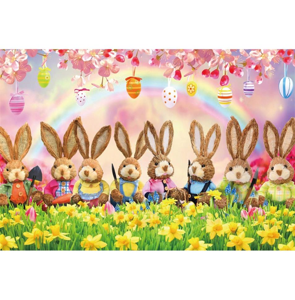 Spring Easter Natural Scenery Grassland Rabbit Theme Banner Backdrop, Children's Birthday Party Decoration Photography Backdrop
