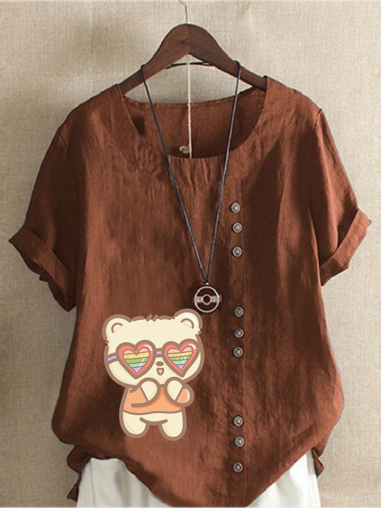 Women's Fashion Cute Cat Print Round Neck Short Sleeve T-shirt Summer Casual Cotton Linen Graphic Shirt Leisure Loose Blouse Tops