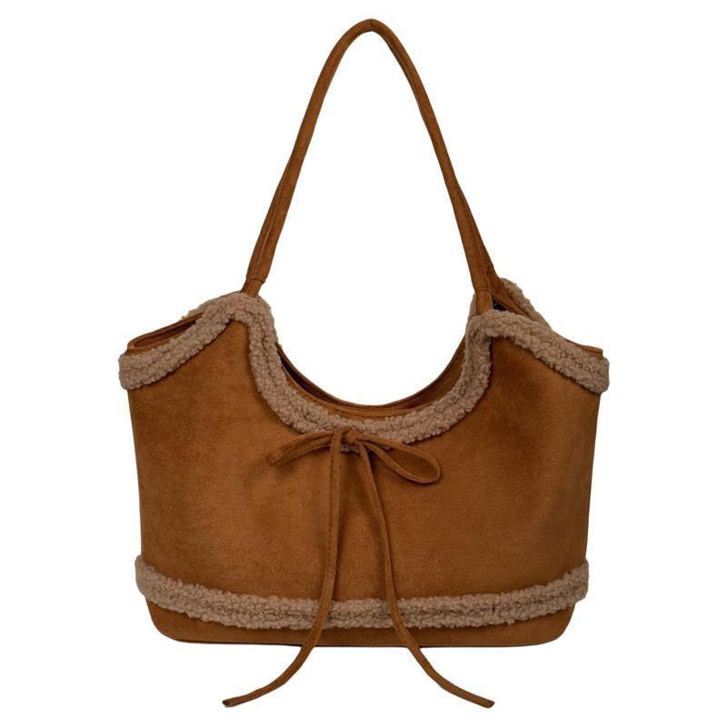 Retro Faux Lambswool Bow Tote Bag Women Autumn Winter New Large Capacity Shoulder Bag Ladies Sweet Cute Solid Color Underarm Bag