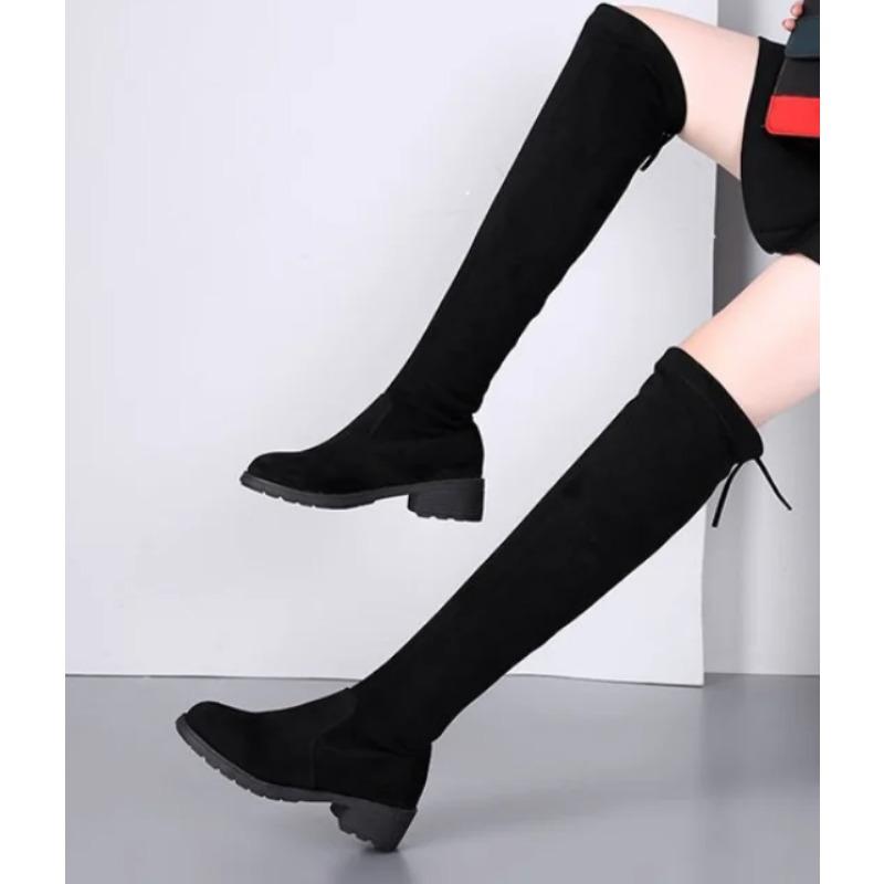 Fashion 2024 Autumn and Winter Long Boots, Knee High Flat Elastic, Slimming Black Knee High Boots, Suede, Student Low Heel, Large Size
