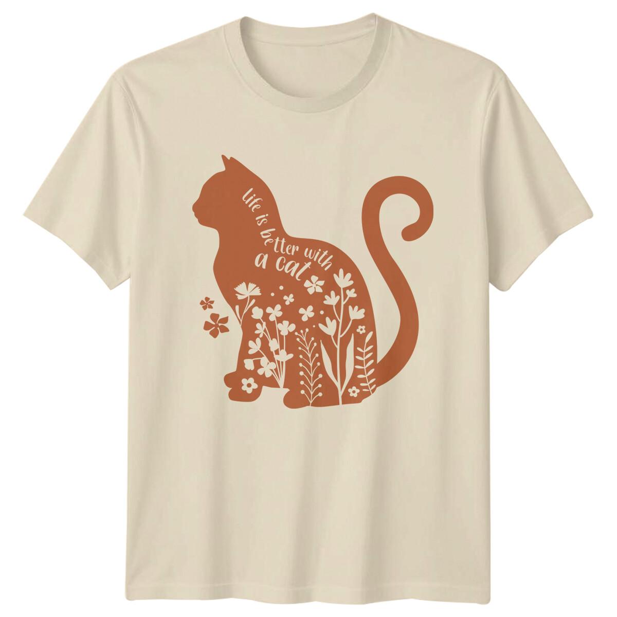 Life Is Better With A Cat Floral Cat Graphic T-Shirt For Women L