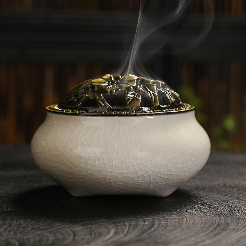 

Ice Crack Ceramic Incense Burner with Antique Bronze Lid for Wormwood, Sandalwood, and Agarwood Incense