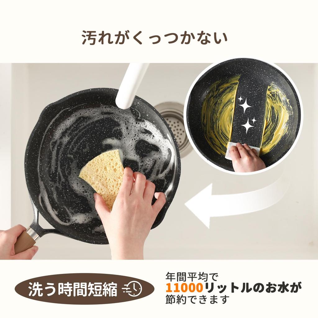 CAROTE 26cm Frying Pan with Lid, IH & Gas Stove Compatible, PFOA & PFOS Free, Marble Coating, Incredibly Smooth, Non-Stick, Easy to Clean, Perfect