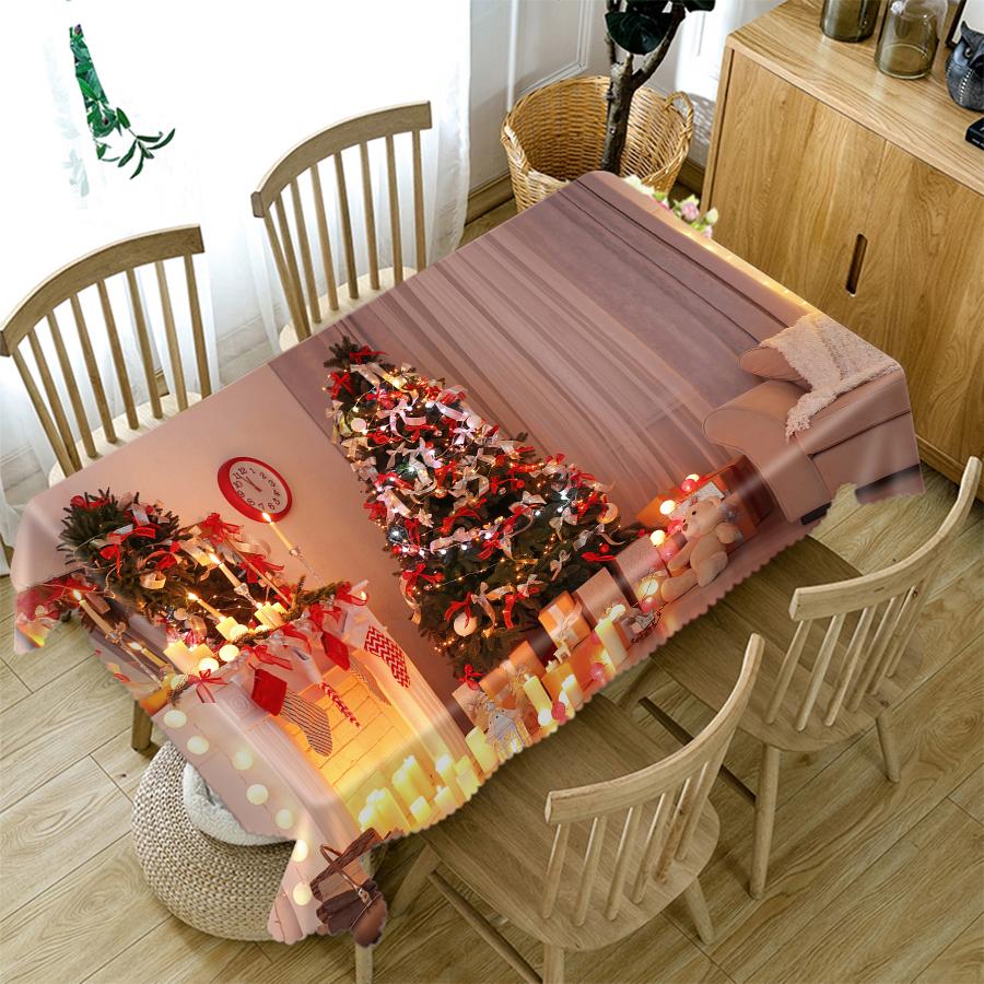 Tablecloth Golden Christmas Tree Socks And Elk Pattern Rectangular And Round Table Cloth Thicken Cotton Cover Towel