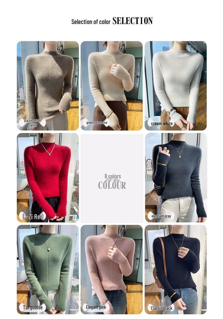 Women's Slim-Fit Wool Sweater - Autumn/Winter, Versatile Cashmere Knit, Half-High Collar
