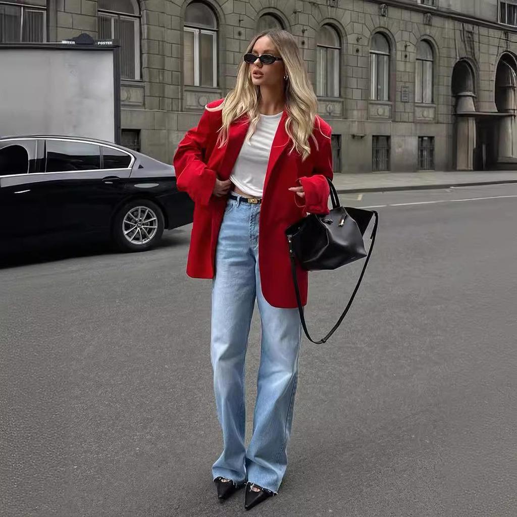 Women's Autumn Winter Solid Color Long Sleeve Casual Button Temperament Commuter Blazer Suit