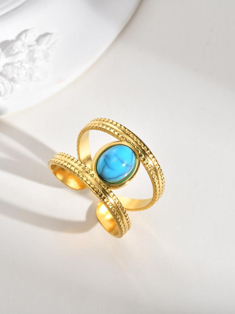 Waterproof Stainless Steel Rings for Women, Double Layered Open Adjustable Oval Nature Stone Bohemian Stylish Fashion Jewelry