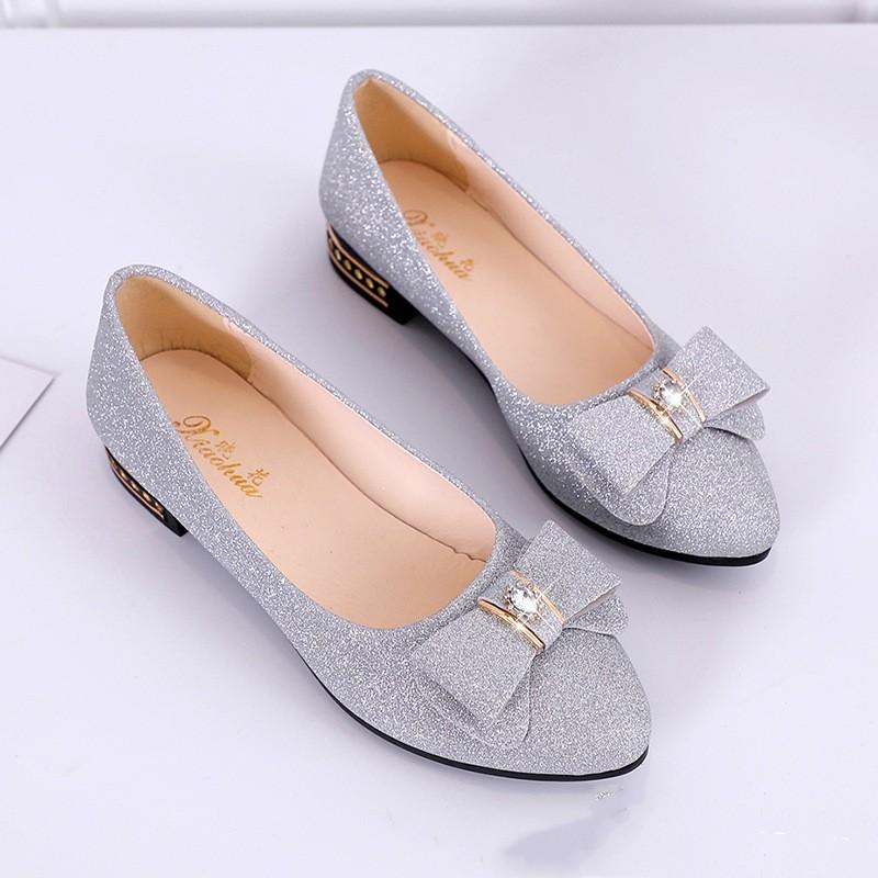 Women's Spring/Fall Chunky-Heeled Pointed-Toe Pumps with Bow and Rhinestones Comfortable Low-Heeled Work and Mom Shoes