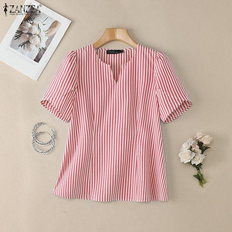 ZANZEA Women Casual V-Neck Loose Short Sleeve Stripe Blouse