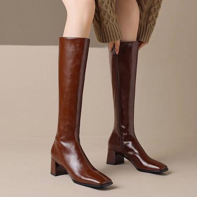 Kuh Leder Winter Karree Dicke High Heels Reitstiefel Frauen Zipper Retro Vintage Oberschenkel Hohe Stiefel