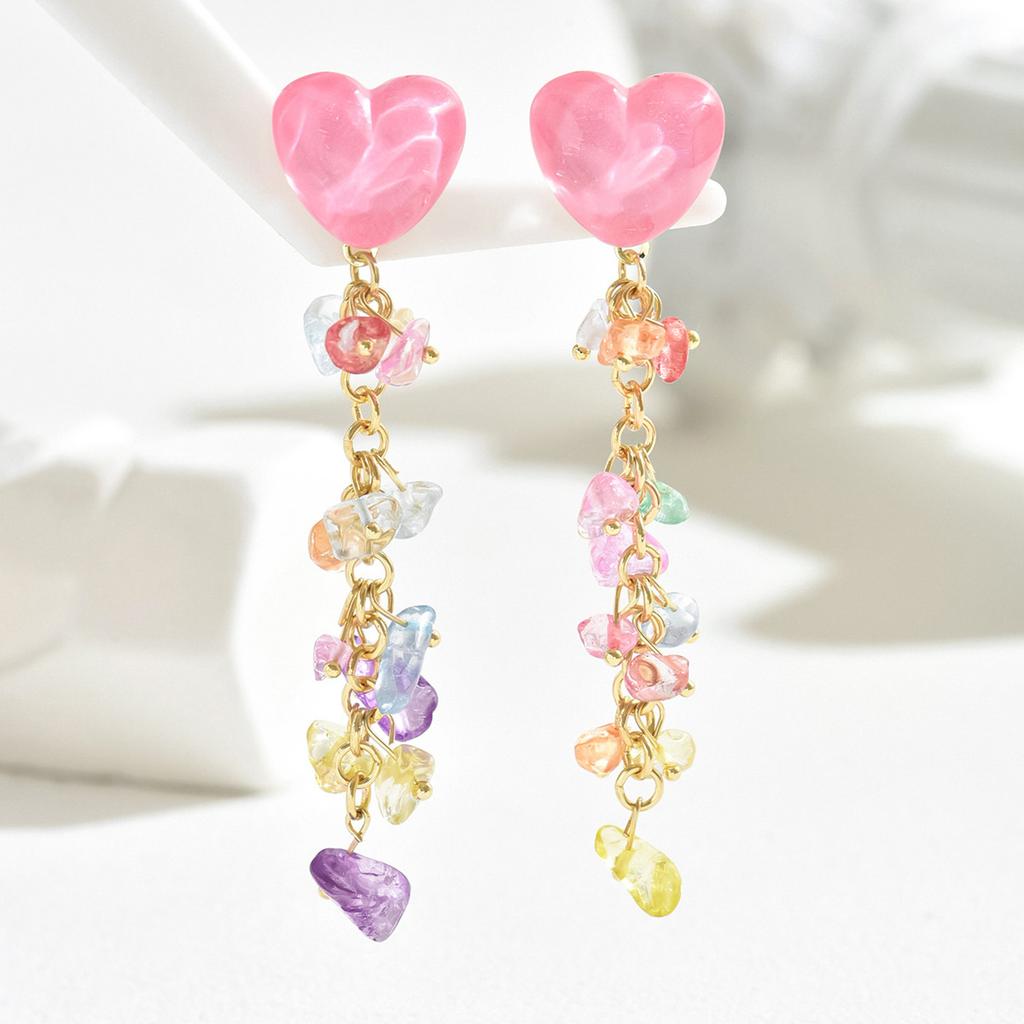 Japanese Korean Fresh Mori Stud Earrings Women Sweet Heart Color Crystal Fringe Ins Holiday Casual Decor Jewelry
