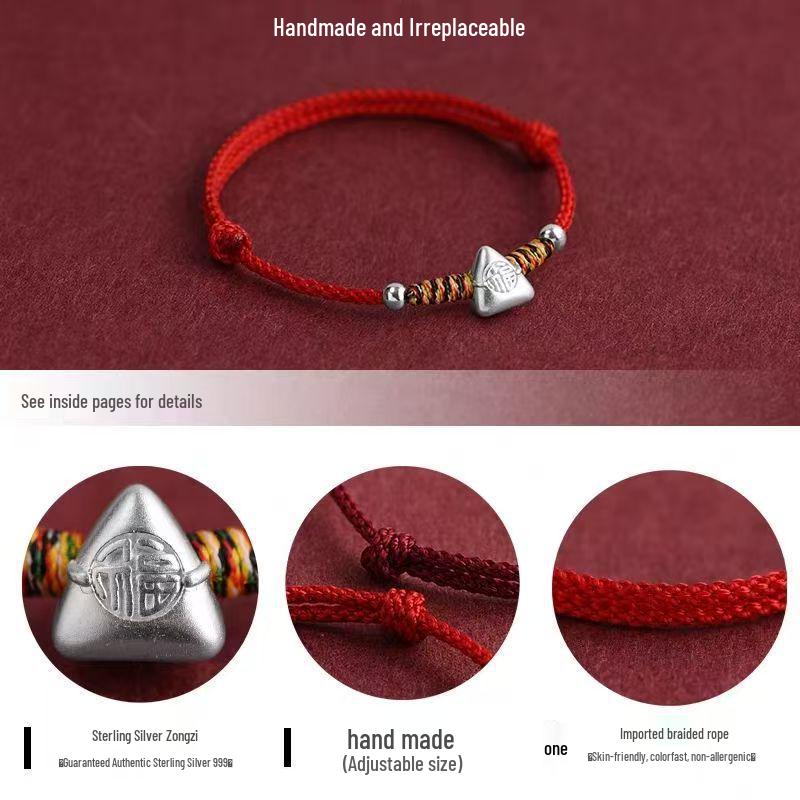 Sterling Silver Dragon Boat Festival Bracelet with Zodiac Fu Charm & Five-Color Red Rope.