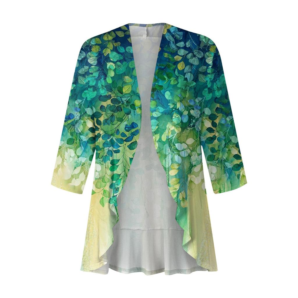 Women'S Casual Daily Cropped Sleeve Top Sleeve V Neck Fashion Printed Shirt Top Soft Drape Ruffle Cardigan