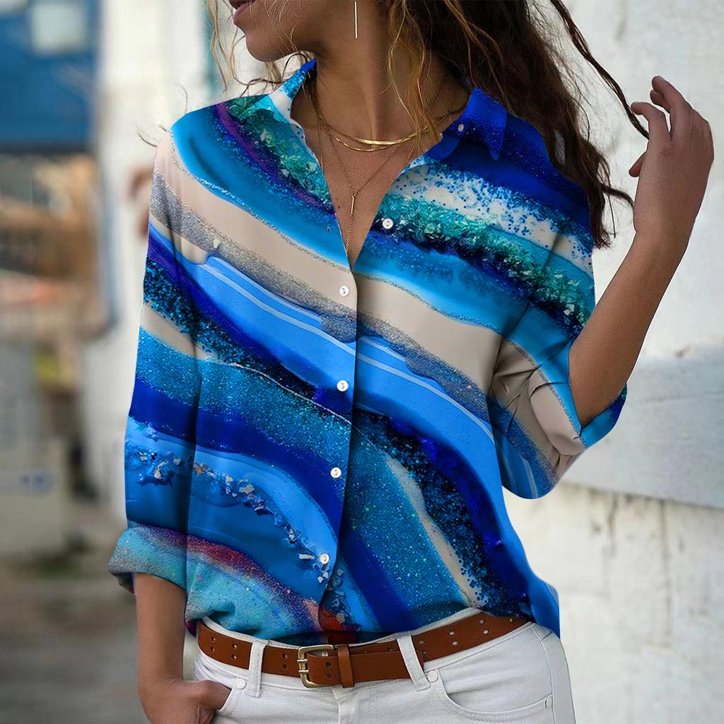 Liusha River Print Women Blouse Spring Autumn Femme Office Lady Button Up Turn Down Collar Shirts