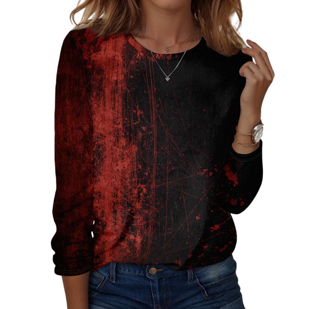 Women's Long Sleeve Casual Pullover Sweatshirt Halloween Ghost Pattern Round Neck Top Lightweight Comfortable Fit