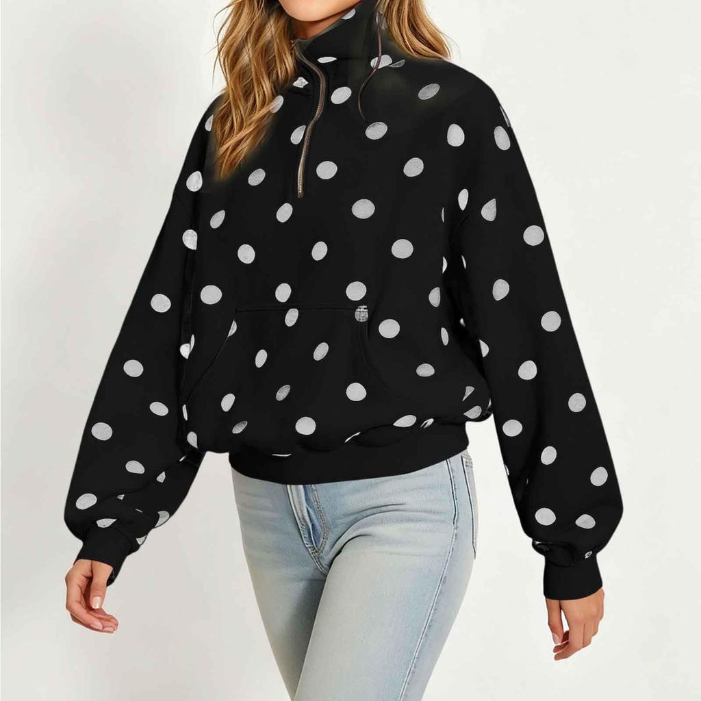 Women's Long Sleeve Half Zip Polka Dot Sweatshirt
