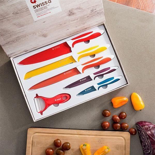SHOP-STORY - SWISS Q CERAMIC : Set of 5 Stainless Steel Kitchen Knives Coated with Ceramic with Peeler