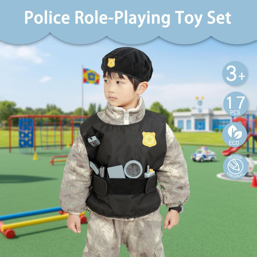 [UMU] 17-Piece Wooden Police Set for Kids, Includes Police Officer, Handcuffs, Police Gear, Toy Pistol, and Toy Walkie-Talkie for Role Play, Perfect