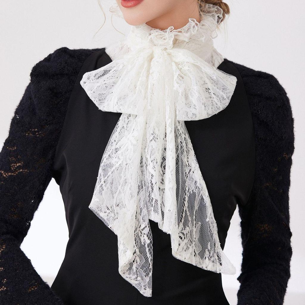 Heavy Industry Ruffled Bow Lace High-Neck Fake Collar for Autumn Wear