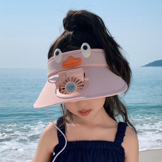 Kids Hat with Built-in Fan Cartoon Shape Oversized Brim UV-Resistant Sun Hat Cartoon Style Adjustable Wind Speed Hat