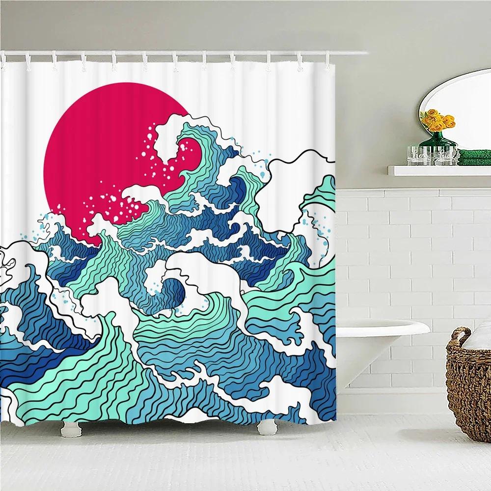 Rideau de douche imprimé Mont Fuji 3D et fleurs style japonais avec crochets Paysage naturel Décoration de maison Rideaux de salle de bain