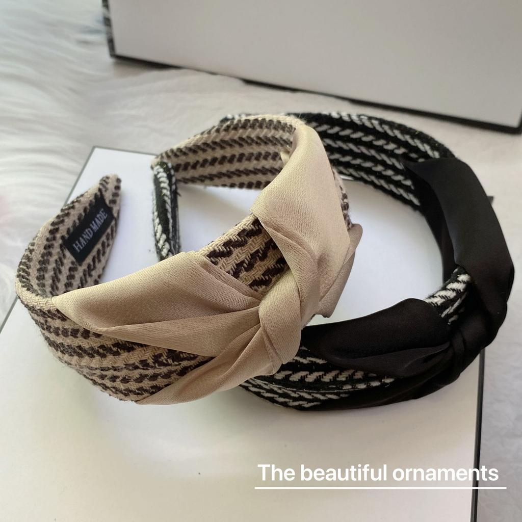Korean Version Temperament Thousand Bird Grid High-end Feeling Headband Wide Edge Knotted Striped Headband Women's External
