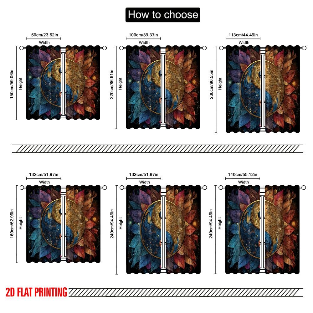 2pcs 2D Flat Printing Scene Curtain Yin Yang Feathers Cosmic Digital Printed Polyester Drapes Holiday Decorations for Holiday