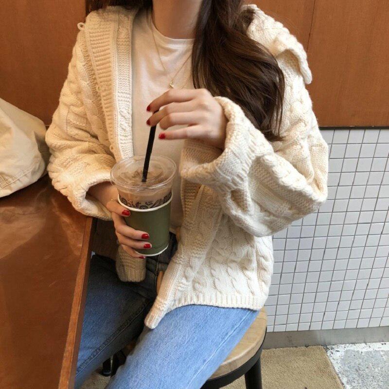 Japanese Sweater Female Harajuku Preppy Style Winter Korean Fashion Loose V-neck Long-sleeved Knit Cardigan Casual Jacket