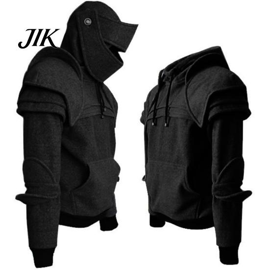 Hoodie Solid Color Front Pocket Pullover Medieval Style Face Cover Hooded Men Sweatshirt Halloween Clothing