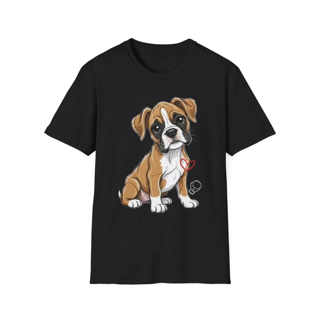 Boxer Dog Cute Illustrated Black Tee Love Heart Graphic T-Shirt