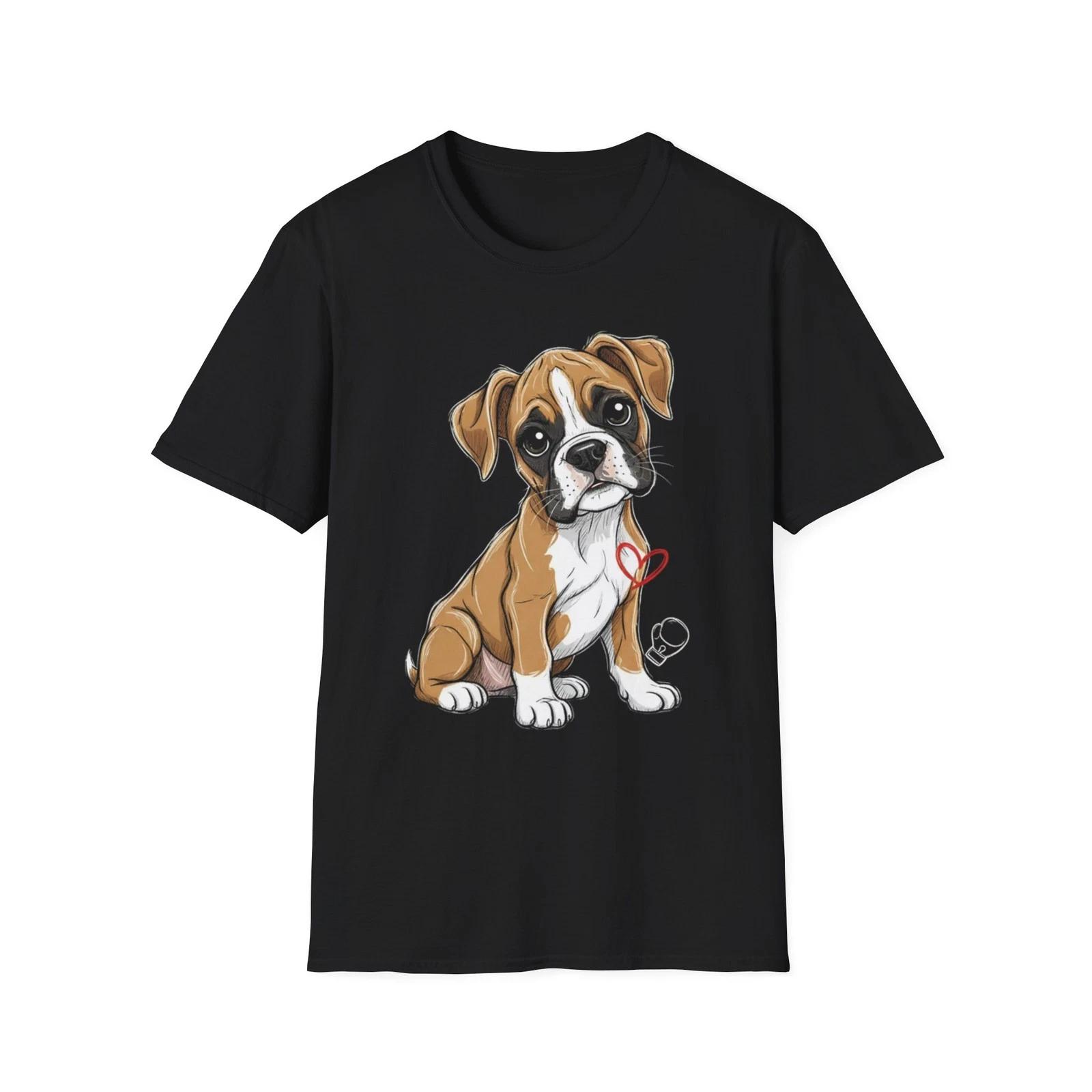 Boxer Dog Cute Illustrated Black Tee Love Heart Graphic T-Shirt S