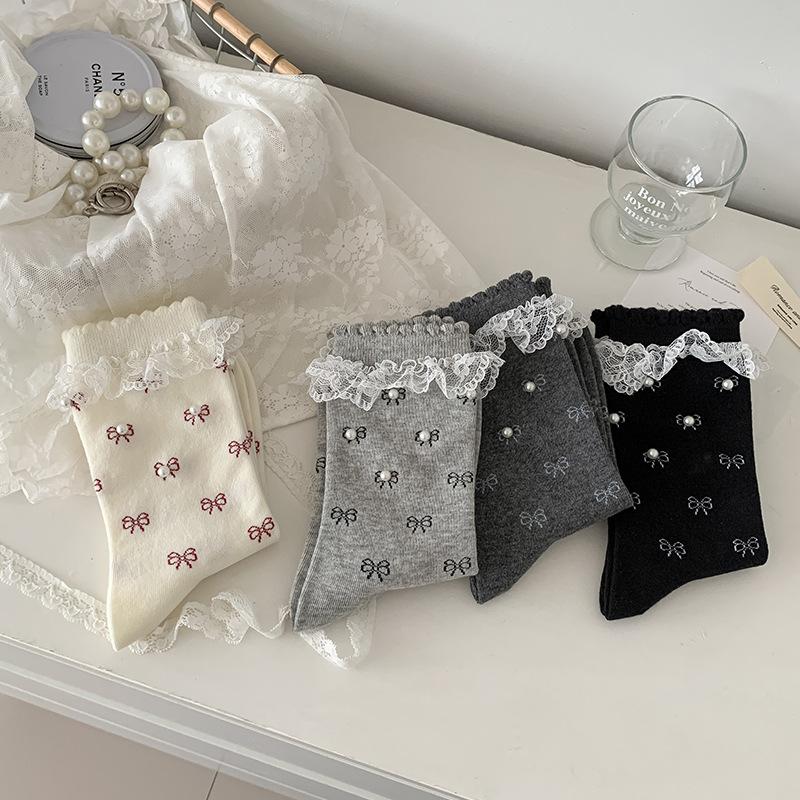 Female Spring and Autumn Sweet Lace Lace Pin Bead Bow Ballet Style Boneless Drum Pile Socks