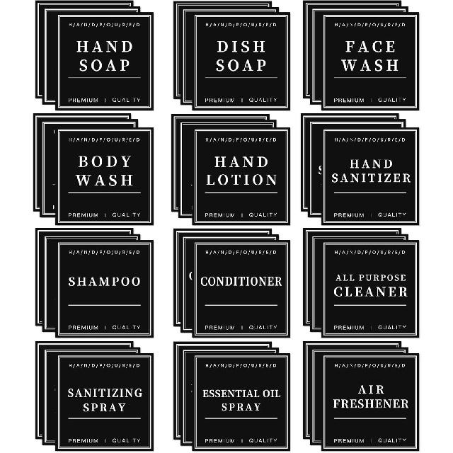 36PCS Waterproof Labels for Bottles, Hand Soap Lotion Shampoo and Conditioner Dispenser Label Stickers, Removable Cleaning Bathroom Labels for Glass чёрный