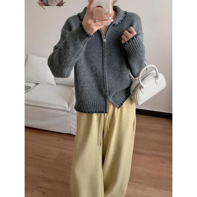 

Spring new retro contrasting color double zipper knitted cardigan loose soft waxy design sweater jacket women One size серый