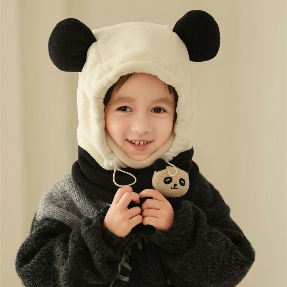 Warm Drawstring Bear Ear Hat Soft Panda Neckerchief Panda Plush Scarf with Face Mask  Streetwear