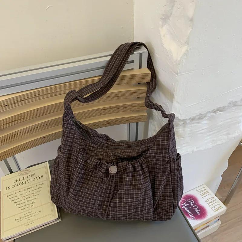 Mřížkovaná Crossbody taška přes rameno, Korejská stahovací nylonová dámská taška přes rameno, Velkokapacitní kostkovaná pruhovaná studentská dojíždějící školní taška
