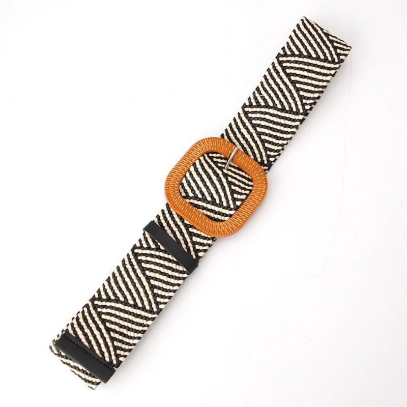 Striped elastic waistband for women's fashion square buckle elastic weaving bohemian PP grass wide waistband