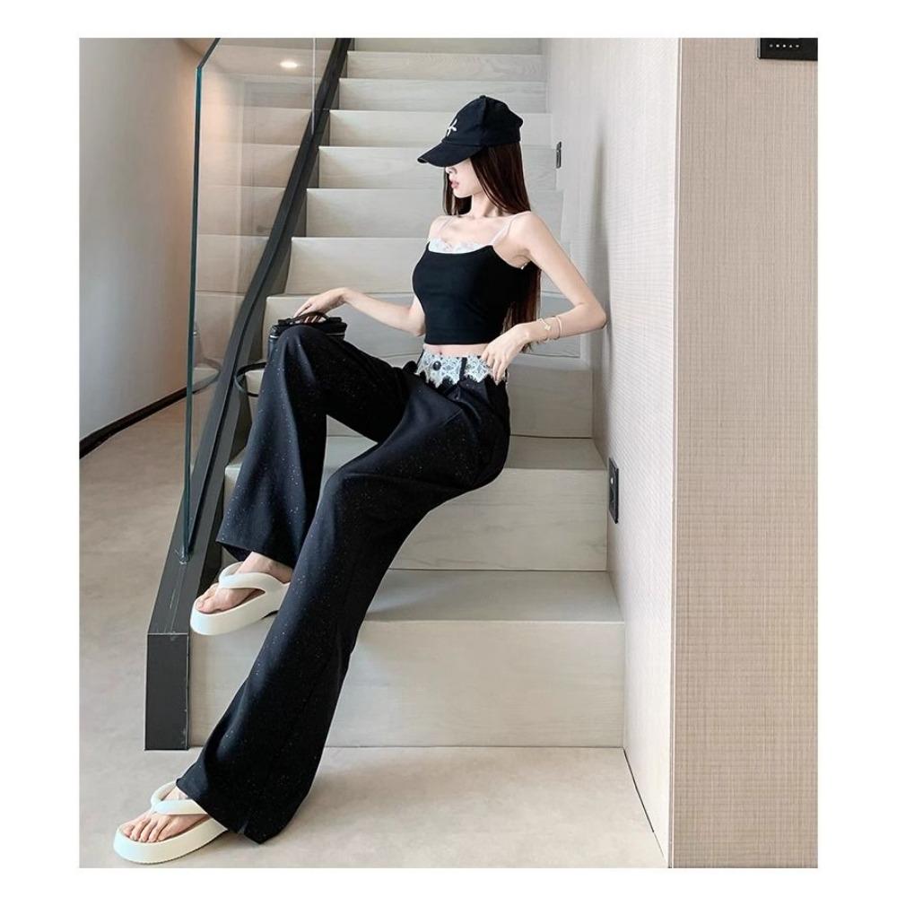 Black Lace-trimmed Casual Suit Pants Women High-waisted Loose Draping Straight-leg Wide-leg Pants That Touch the Ground
