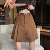 Women's Khaki Corduroy Pleated High Waist A-line Midi Skirt - Autumn/Winter, Slimming, Hip-Covering, Versatile Skirt