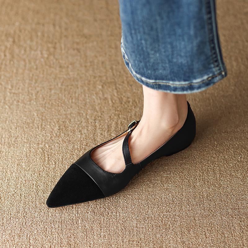 Vår Nye Ekte Skinn Damesko Retro Spiss Tå Pumps Skinn Ballerinas Sko Dame Hæler Dame Flatsko