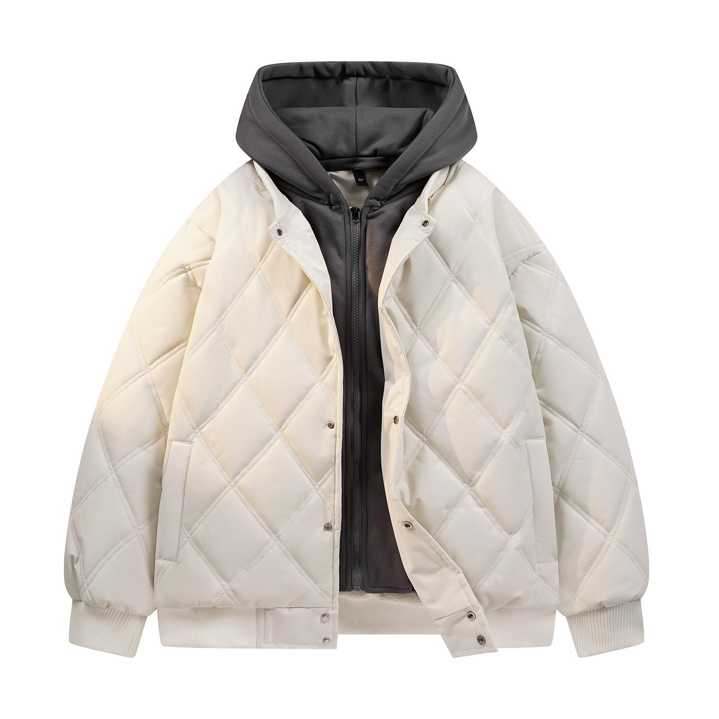 

Унісекс Ретро Бавовняна Куртка High Street з Ромбоподібним Печворком, Знімне Худі, Дизайн під Дво peças, Плюшева Підкладка для Тепла L бежевий