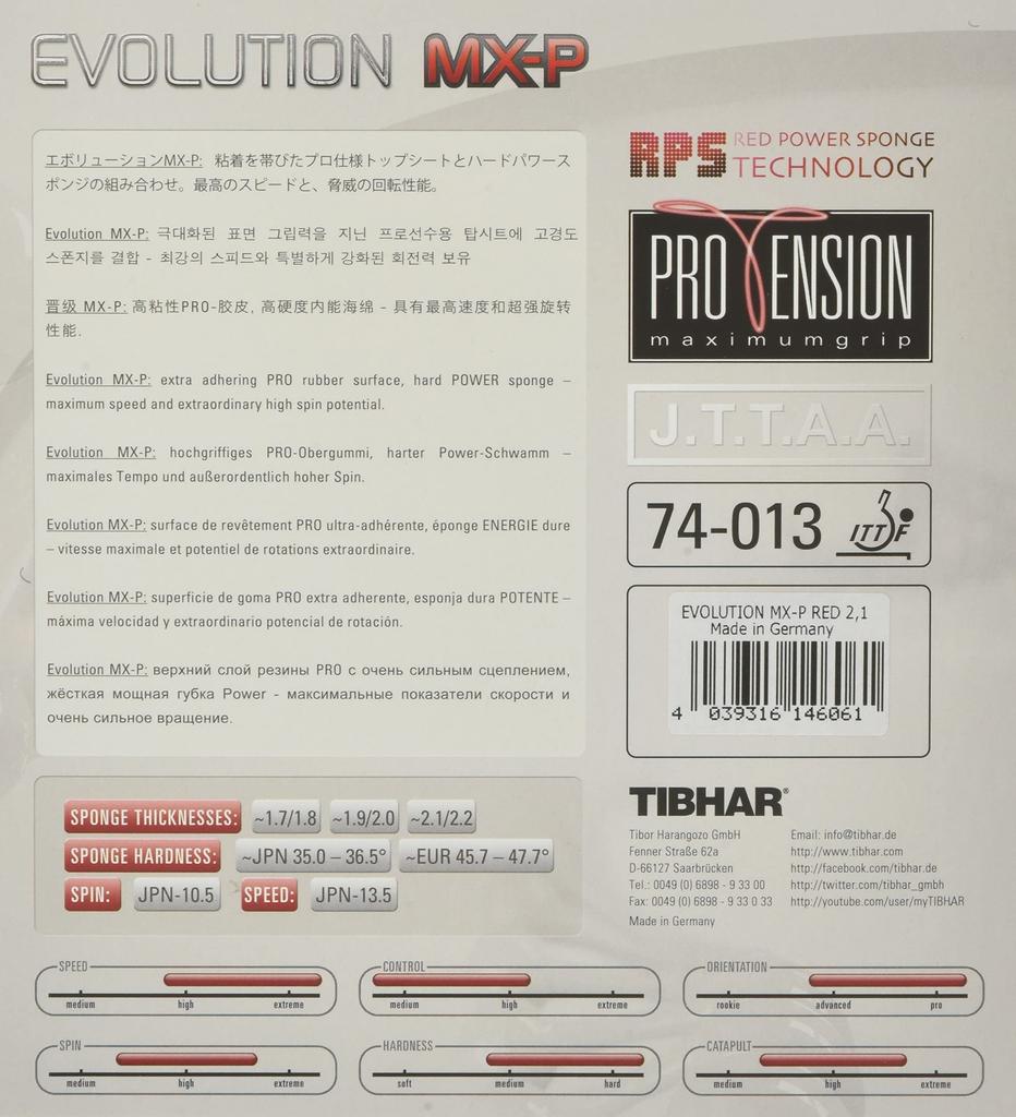 TIBHAR Evolution Table Tennis High Spin MX-P Rubber, Tension, Type, BT146061, Red, 2.1