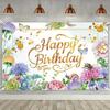 2D Spring Floral Birthday Backdrop, Gold Letter "Happy Birthday To You" Banner, Party Background Cloth