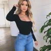 European and American Slim Fit Square Collar Long Sleeve Casual Women's T-Shirt