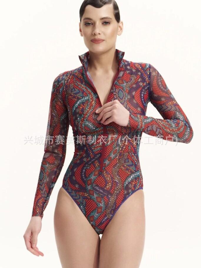 European & American Style Zipper One-Piece Long-Sleeve Swimsuit for Women