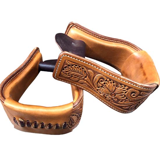 High Quality Horse Western Stirrups Saddle Tack Floral Handmade Tooled Leather Covered Pair